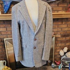 Levi Strauss Tailored Grey Taupe Wool Herringbone Blazer Size 40L Vintage
